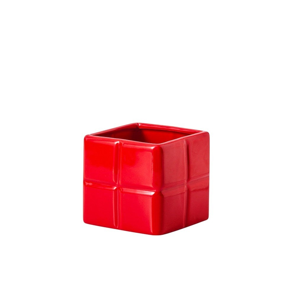 HOMELIVY red ceramic Tetris decorative vase with a glossy finish, shaped like a square gaming block.