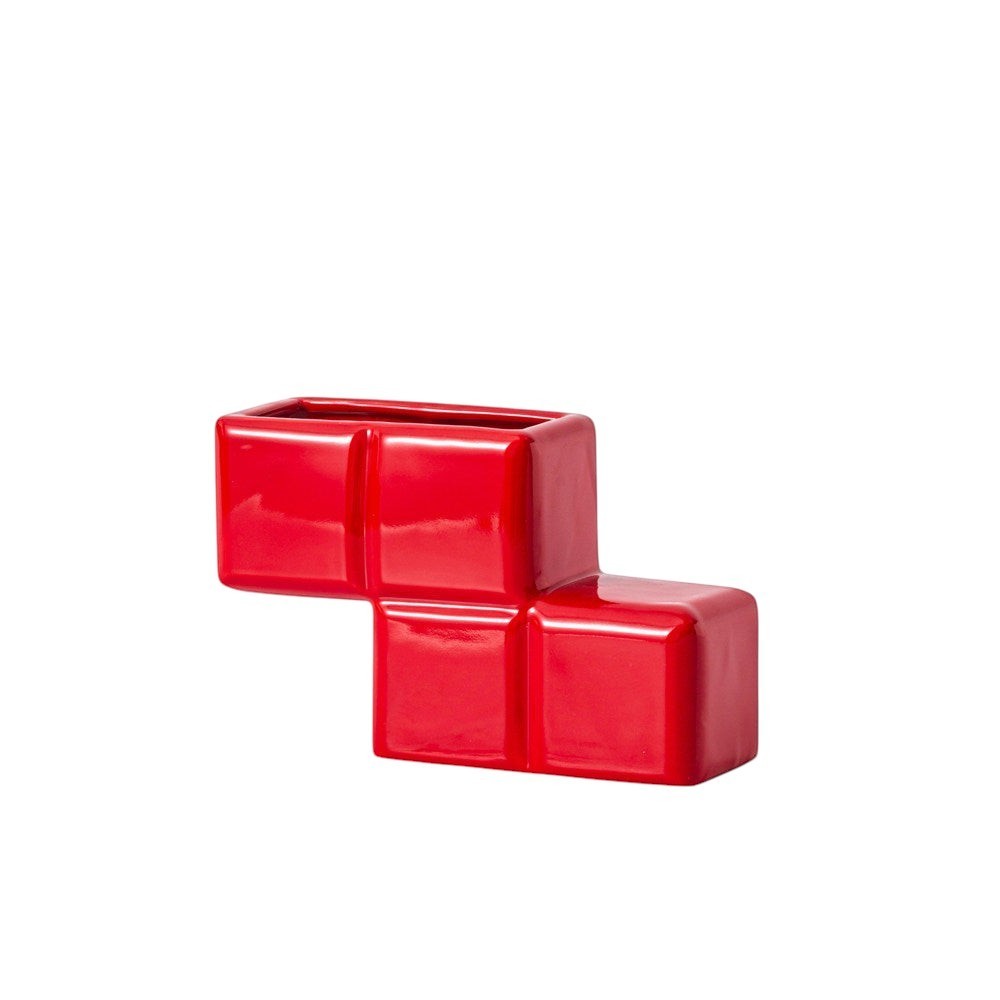 HOMELIVY red ceramic Tetris-inspired decorative vase with a glossy finish, perfect for flowers or desk storage.