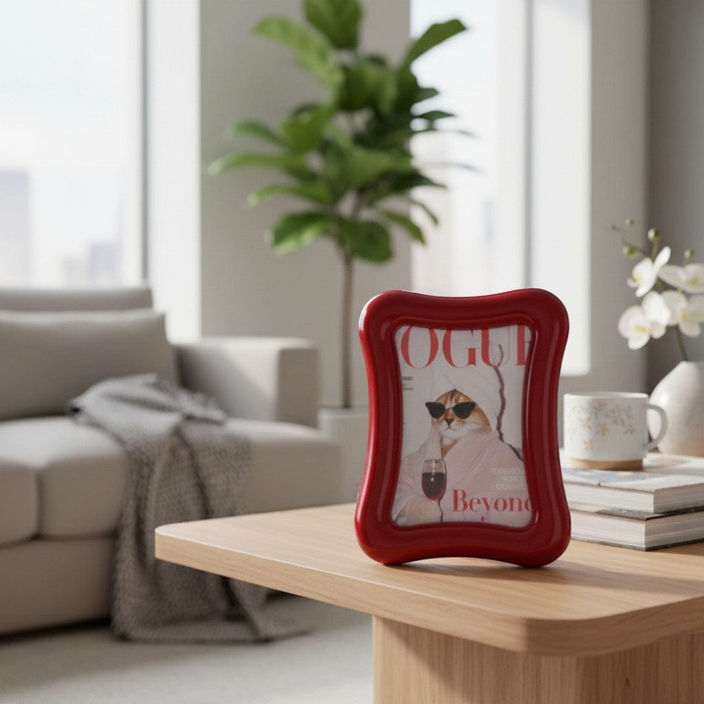 HOMELIVY red high-gloss acrylic wavy photo frame with retro design. Holds 4x6 inch photos.