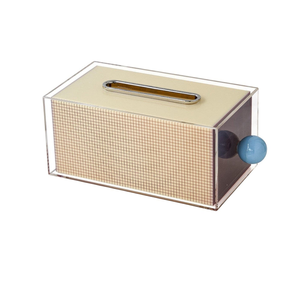 HOMELIVY retro clear acrylic tissue box holder with beige grid panel and blue ceramic knob.