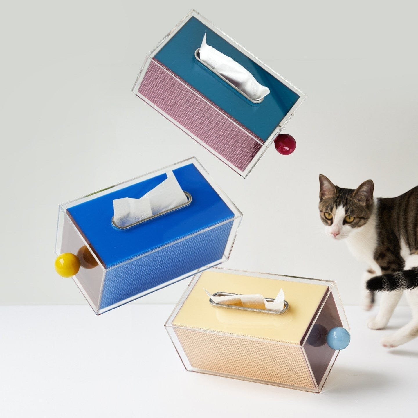 HOMELIVY retro acrylic tissue box holder with blue, yellow, and purple color-block panels and ceramic ball knob.