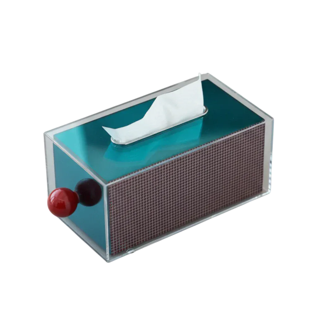 HOMELIVY retro acrylic tissue box holder with teal top, grid pattern sides, and red ball knob.