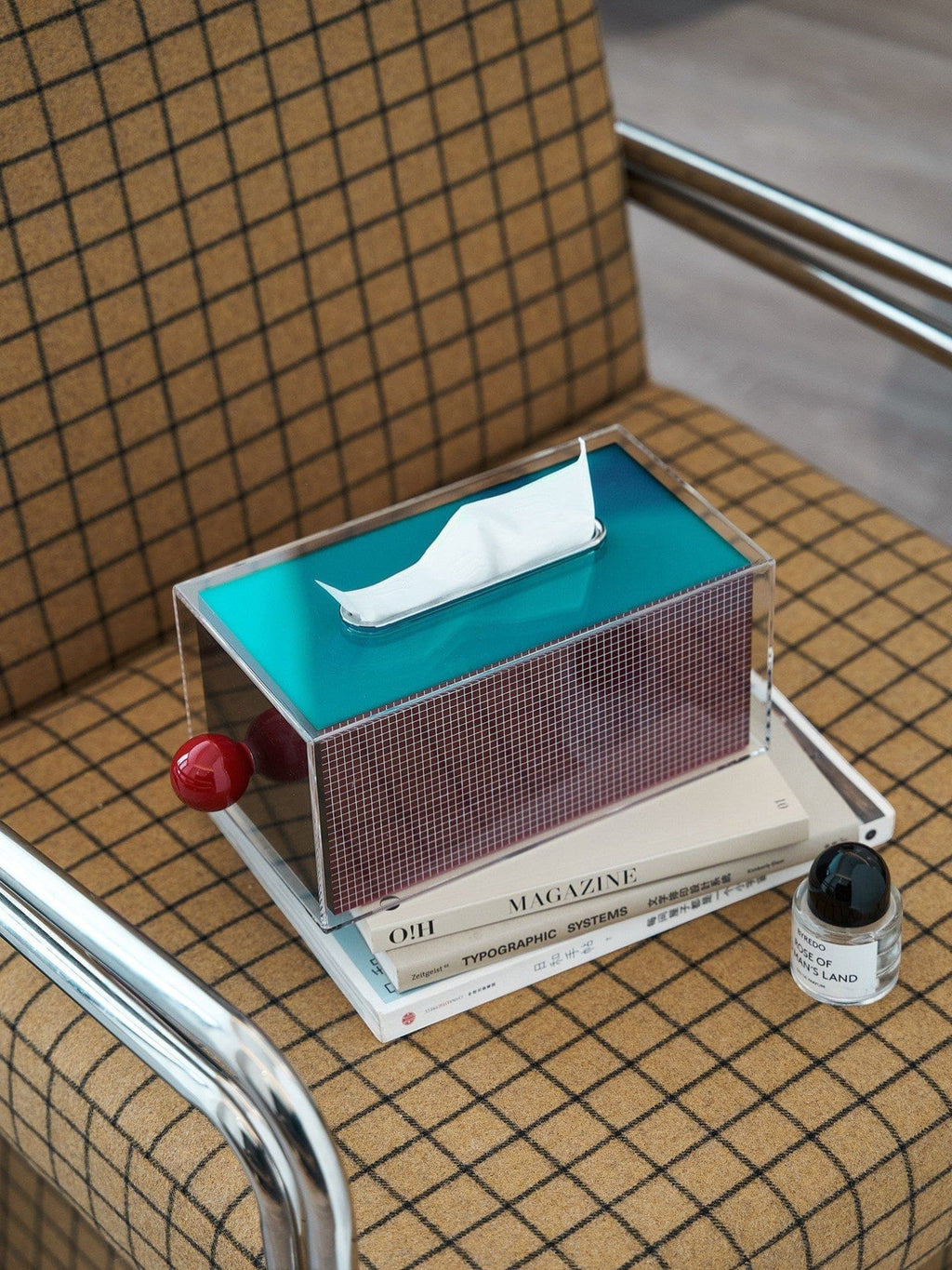 HOMELIVY retro acrylic tissue box holder with teal top, grid pattern sides, and red ball knob.