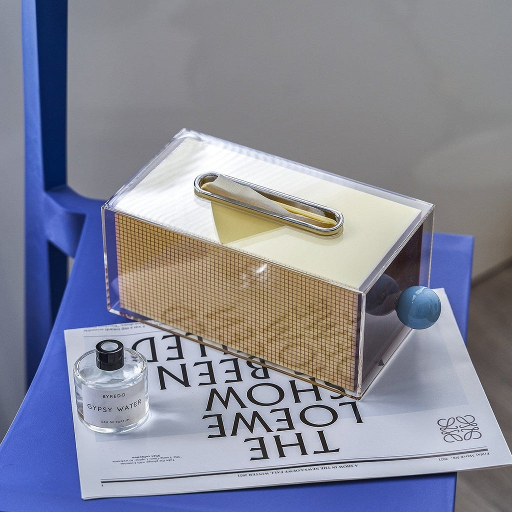 HOMELIVY retro clear acrylic tissue box holder with color-block grid and blue ceramic knob.