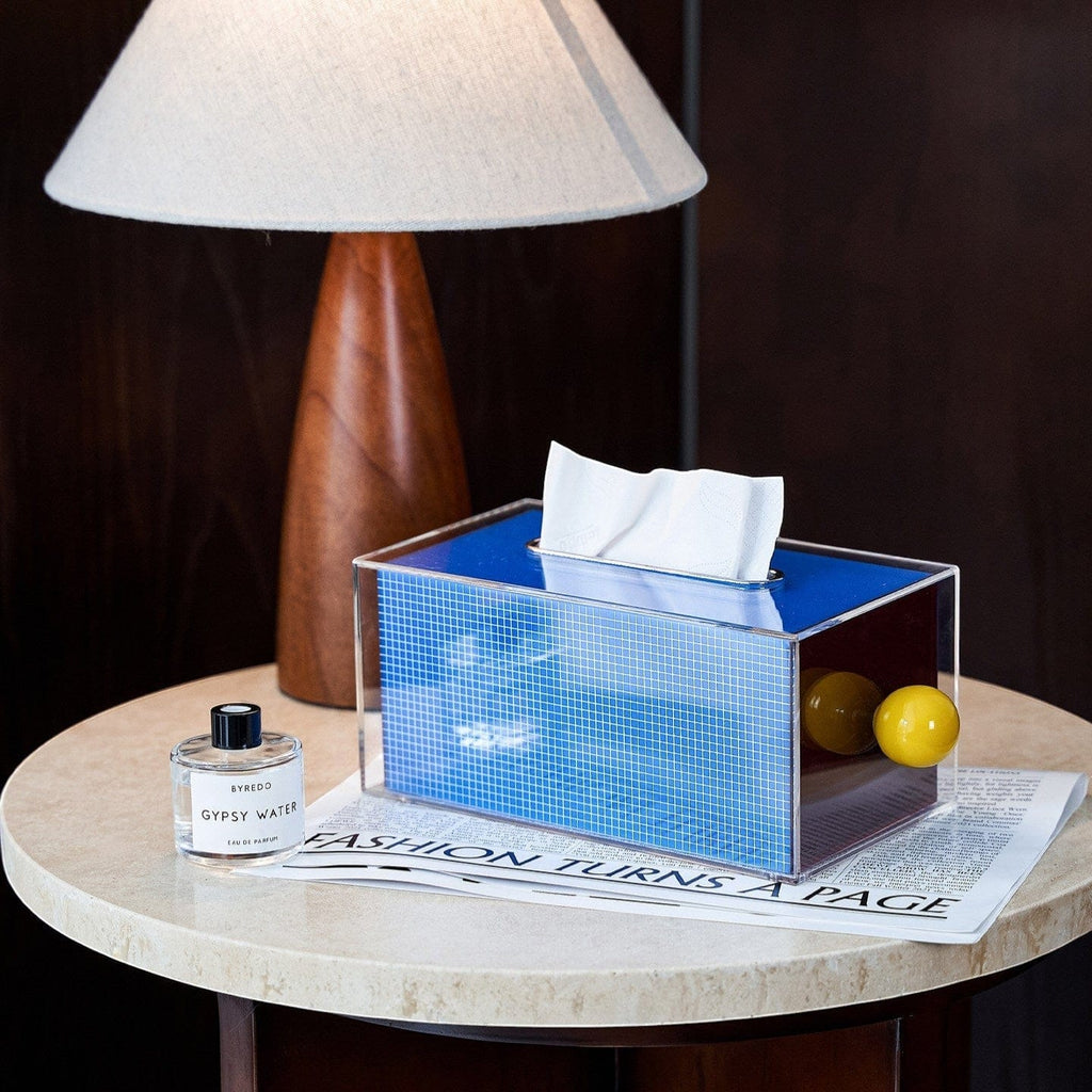 HOMELIVY retro blue acrylic tissue box holder with color-block grid and yellow ball knob detail.