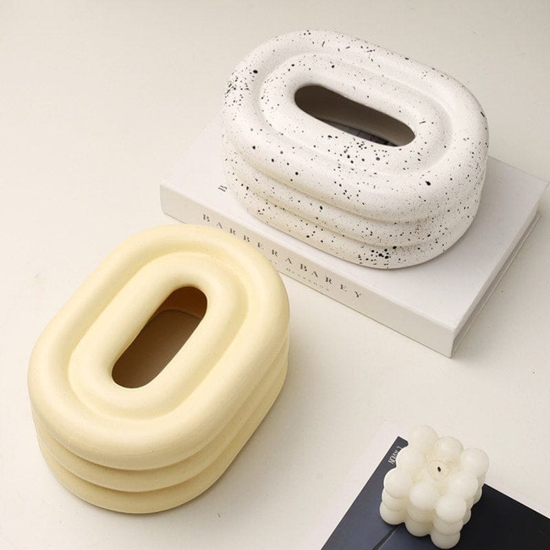 HOMELIVY retro bubble form tissue box holder in speckled white and matte cream ceramic, sculptural design.