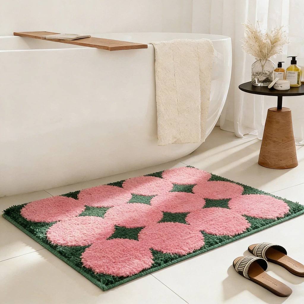 Pink and green retro circles tufted bath mat rug