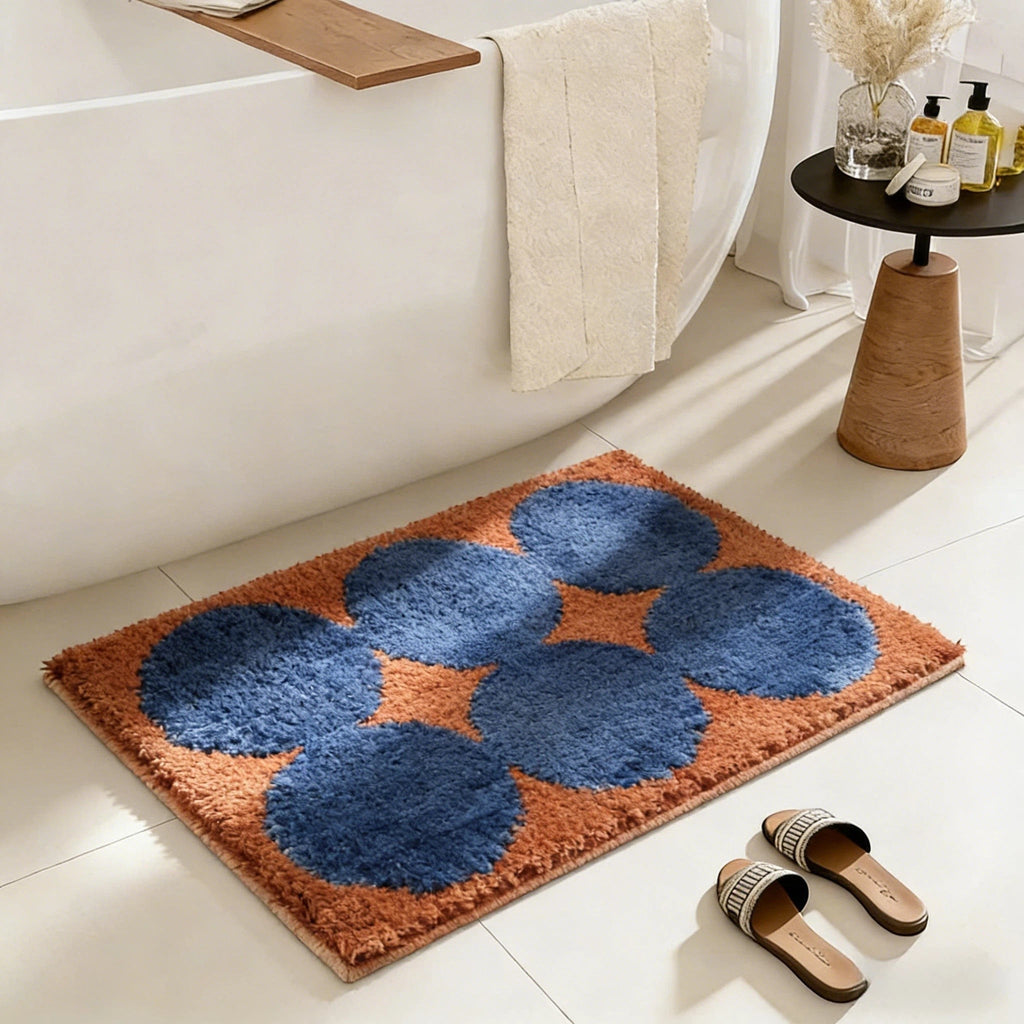 Blue Burnt Orange Retro Tufted Circles  Bath Mat Rug