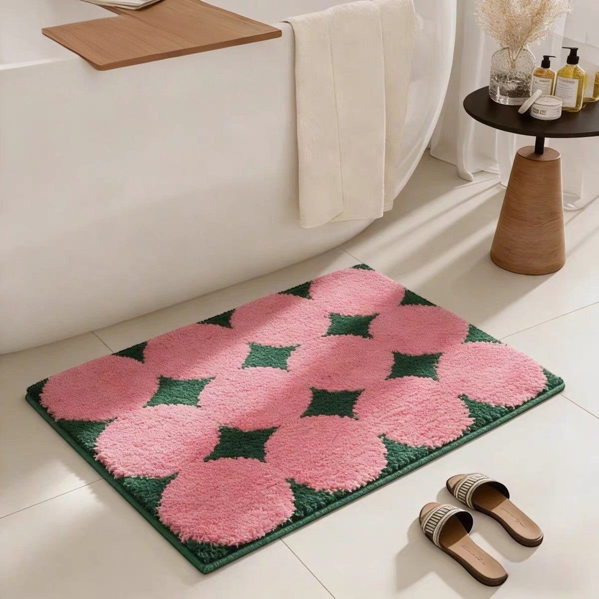 HOMELIVY rectangular bath mat featuring a retro pink circle and green geometric pattern in plush textured fabric