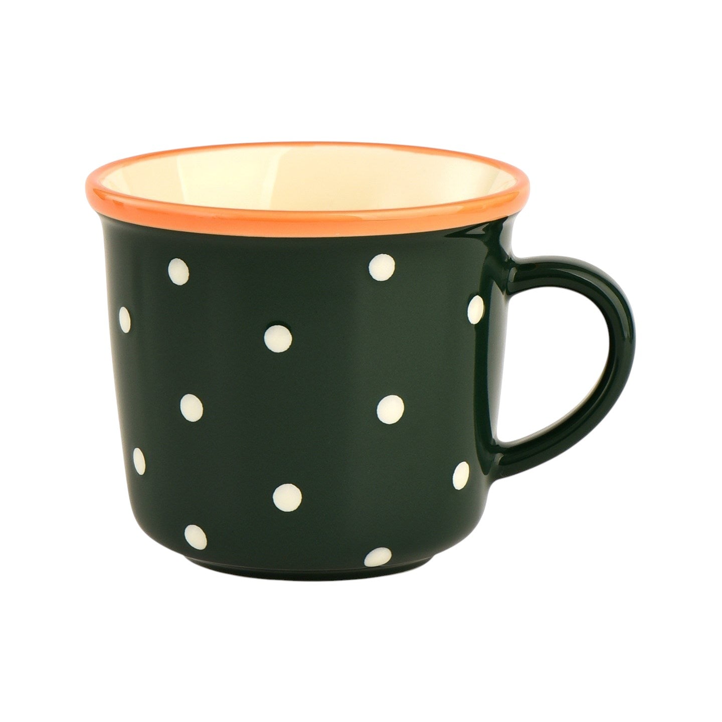 HOMELIVY retro ceramic coffee mug in dark green with white polka dots and a glossy orange contrast rim.