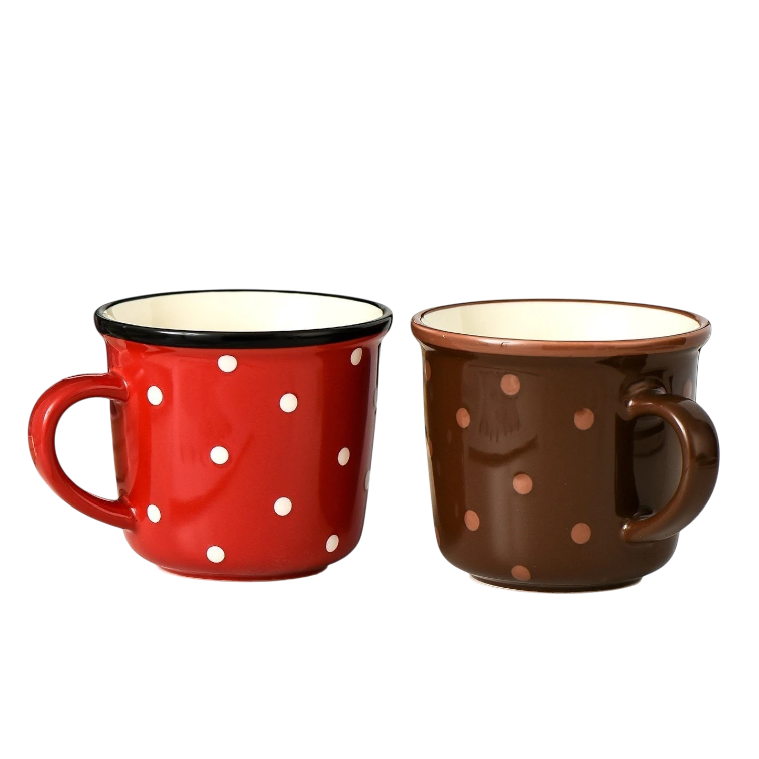 HOMELIVY retro ceramic mugs in red and brown with white polka dots and glossy contrast rims on a black background.