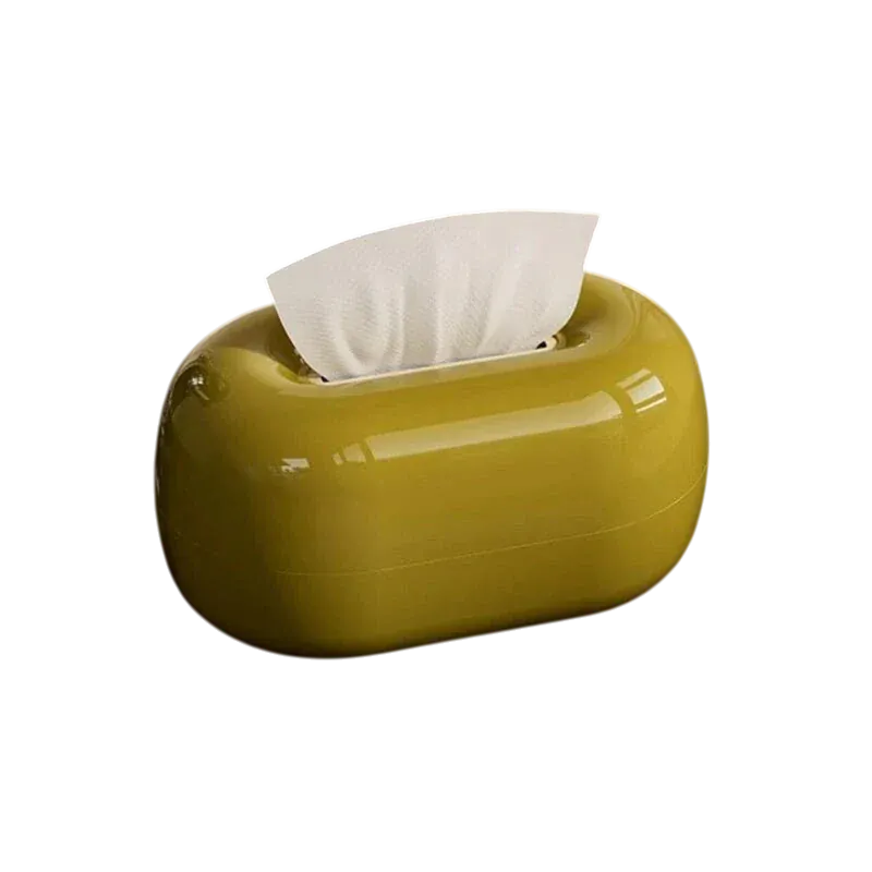 HOMELIVY retro round tissue box in glossy olive green plastic with smooth, rounded design.