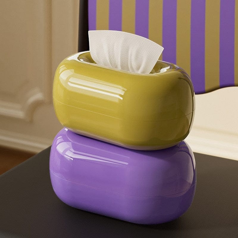 HOMELIVY retro round tissue box in glossy yellow and purple plastic, smooth rounded design.