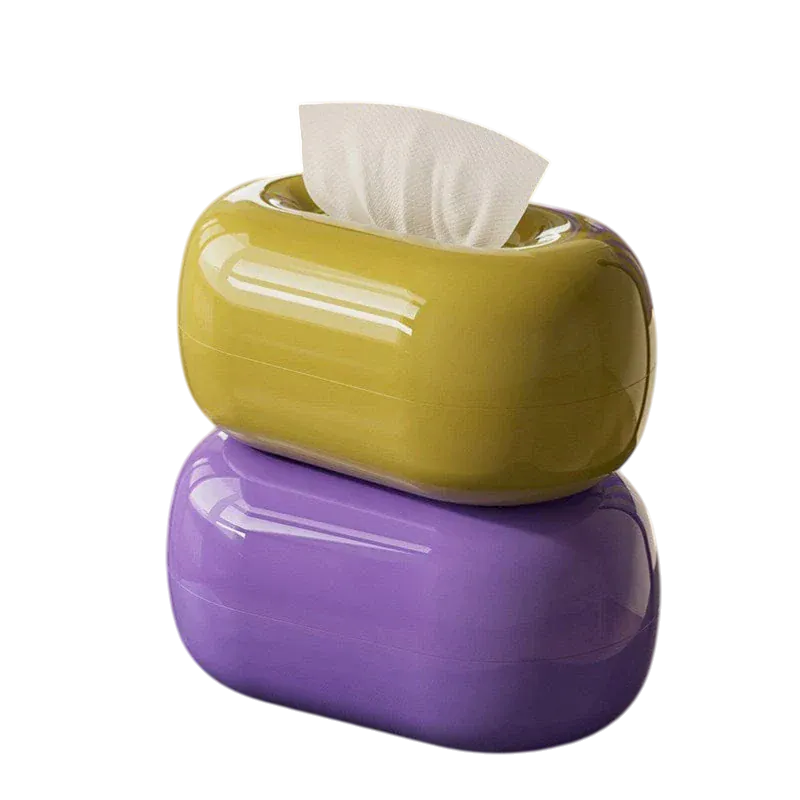 HOMELIVY retro round tissue box in yellow and purple, stackable design.