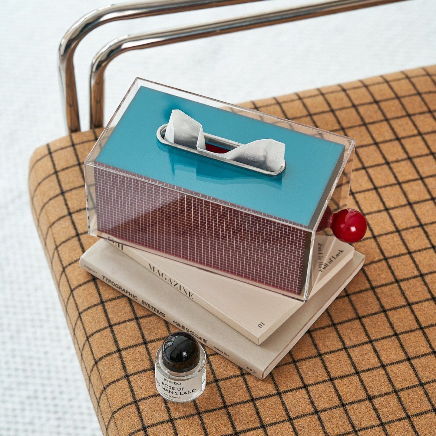 HOMELIVY retro acrylic tissue box holder with blue top, grid pattern sides, and red ceramic knob.