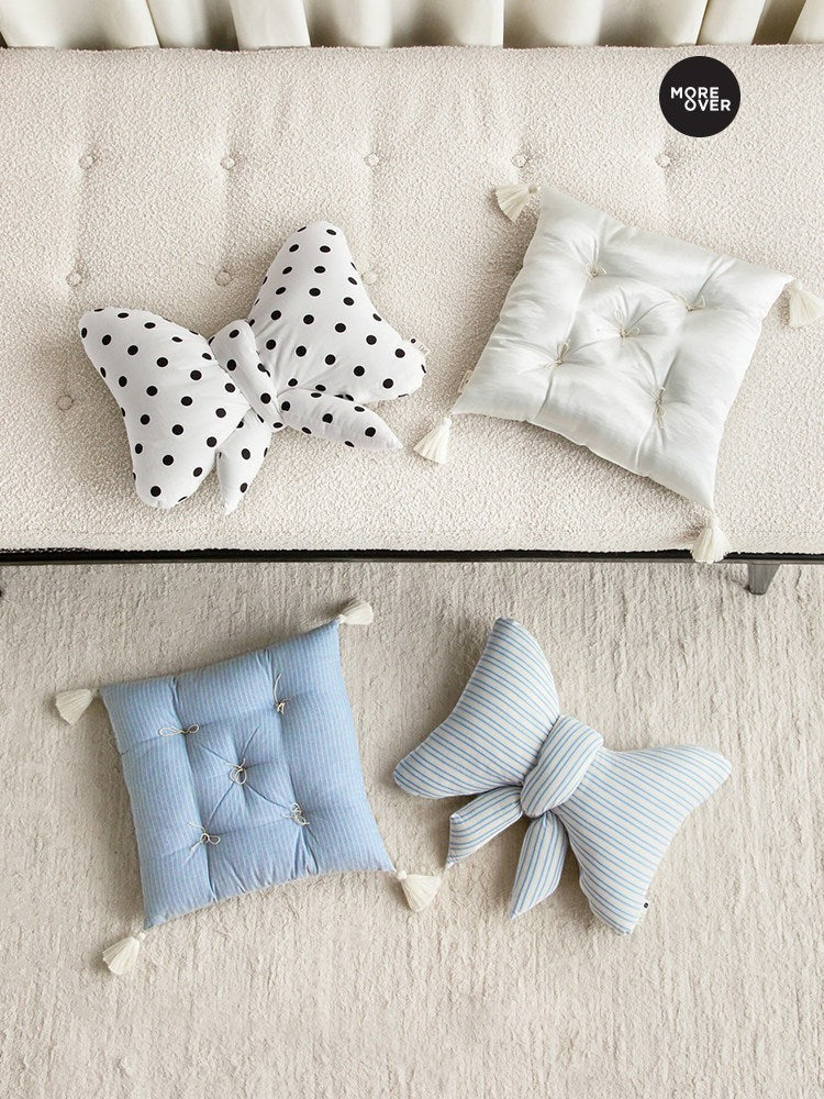 HOMELIVY ribbon bow shaped cushions and square tufted seat pads in polka dot, blue stripe, and white fabric