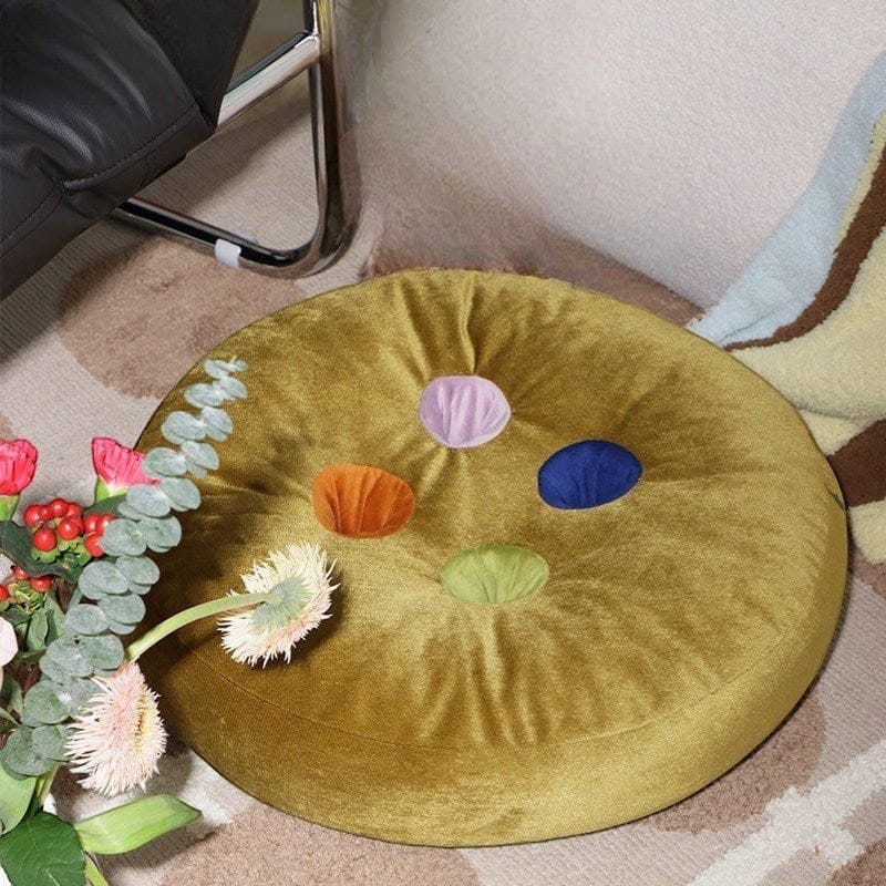 HOMELIVY round velvet seat cushion in mustard yellow with button detail