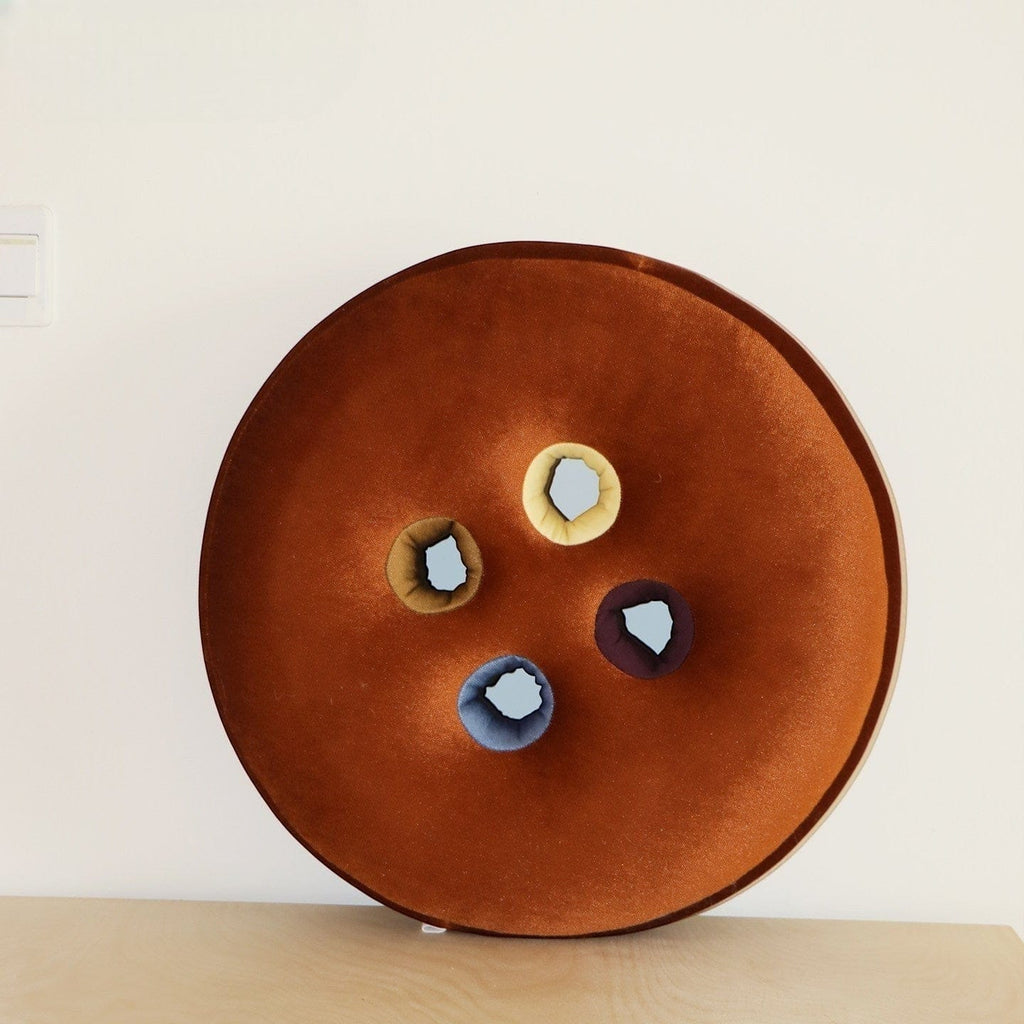 HOMELIVY brown velvet round seat cushion with four colorful button inserts, 19.7 inch diameter.
