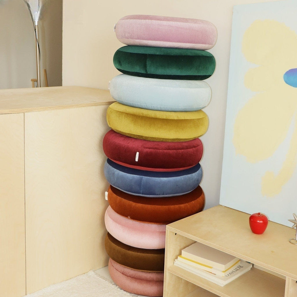 HOMELIVY round velvet seat cushion with button detail in pink, green, blue, yellow, red, and brown.