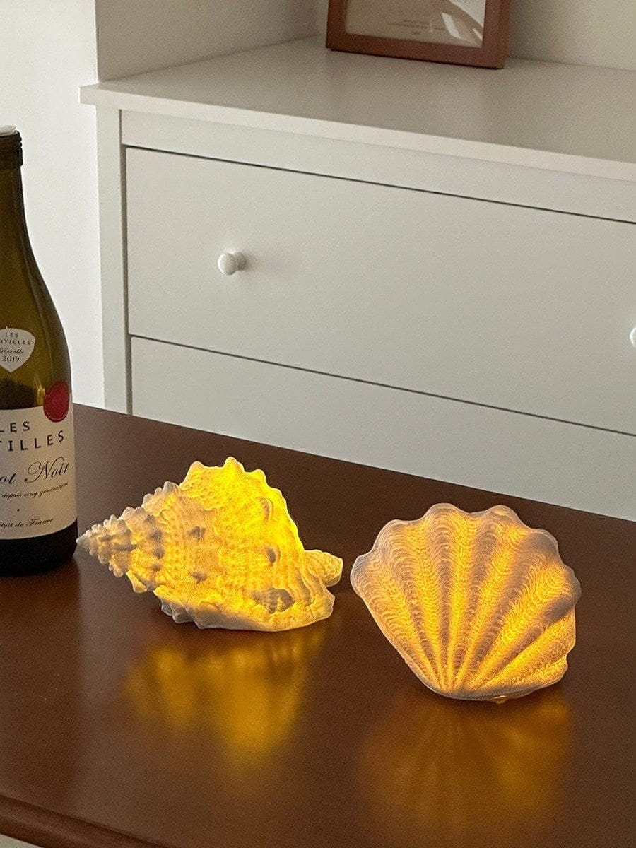 HOMELIVY decorative seashell LED lights, one conch and one scallop shape, emitting a warm yellow glow. Battery powered.