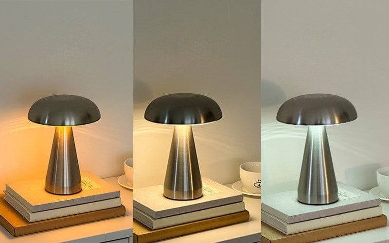 HOMELIVY brushed silver mushroom table lamp with domed cap and tapered base, touch-activated with 3 light modes. Rechargeable.
