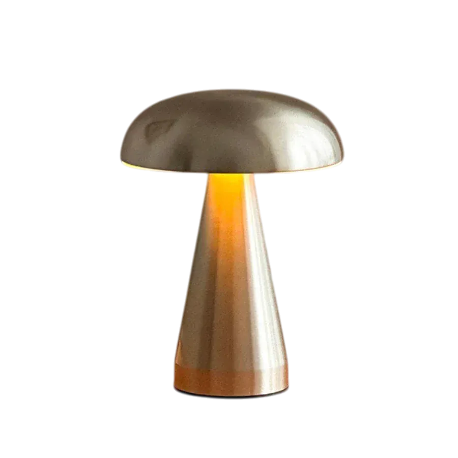 HOMELIVY brushed silver mushroom table lamp with domed cap and tapered base, rechargeable and touch-controlled.
