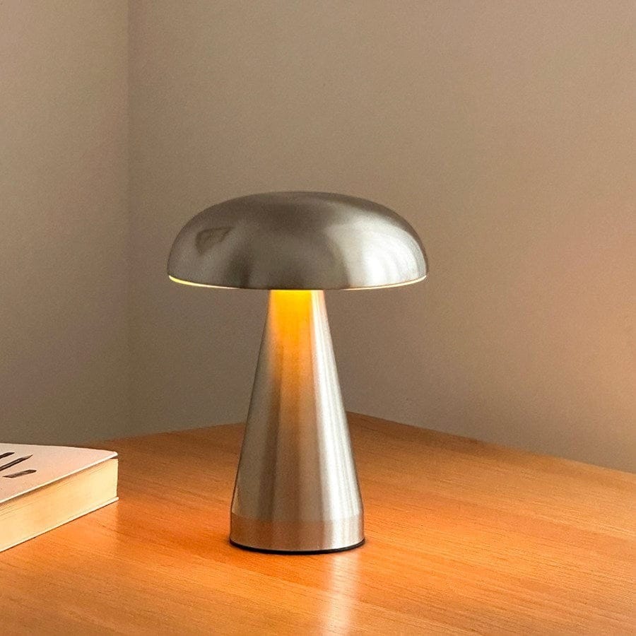 HOMELIVY silver mushroom table lamp with a brushed metal finish and warm LED light.