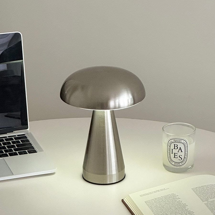 HOMELIVY brushed silver mushroom table lamp with domed cap and tapered base, USB rechargeable with 3 light modes.