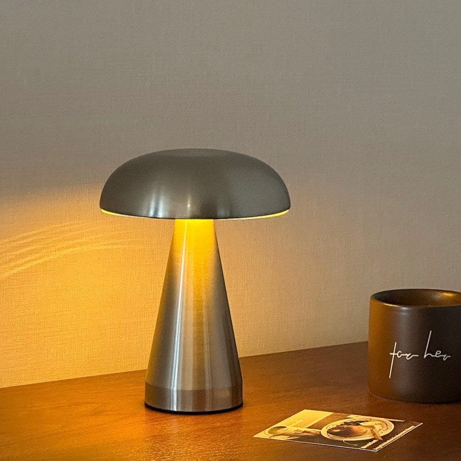 HOMELIVY brushed silver mushroom table lamp with domed cap and tapered base, touch-activated with 3 light modes.