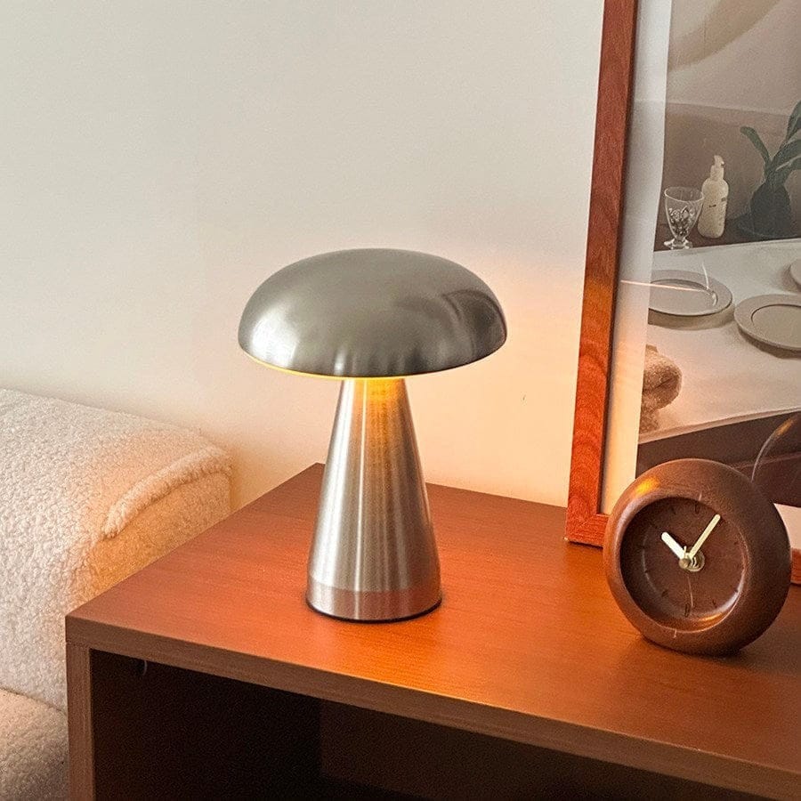 HOMELIVY brushed silver mushroom table lamp with domed cap and tapered base, touch-activated with 3 light modes.