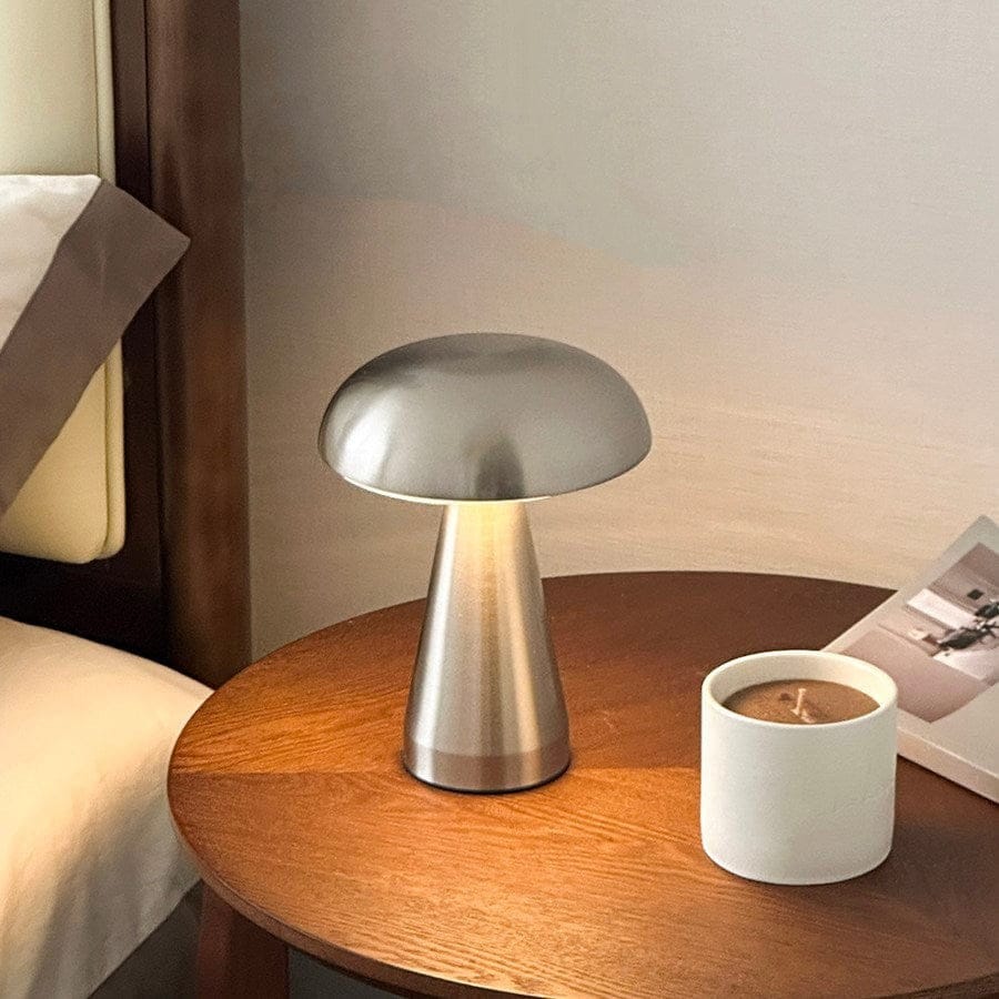 HOMELIVY brushed silver mushroom table lamp with domed cap and tapered base, rechargeable via USB.