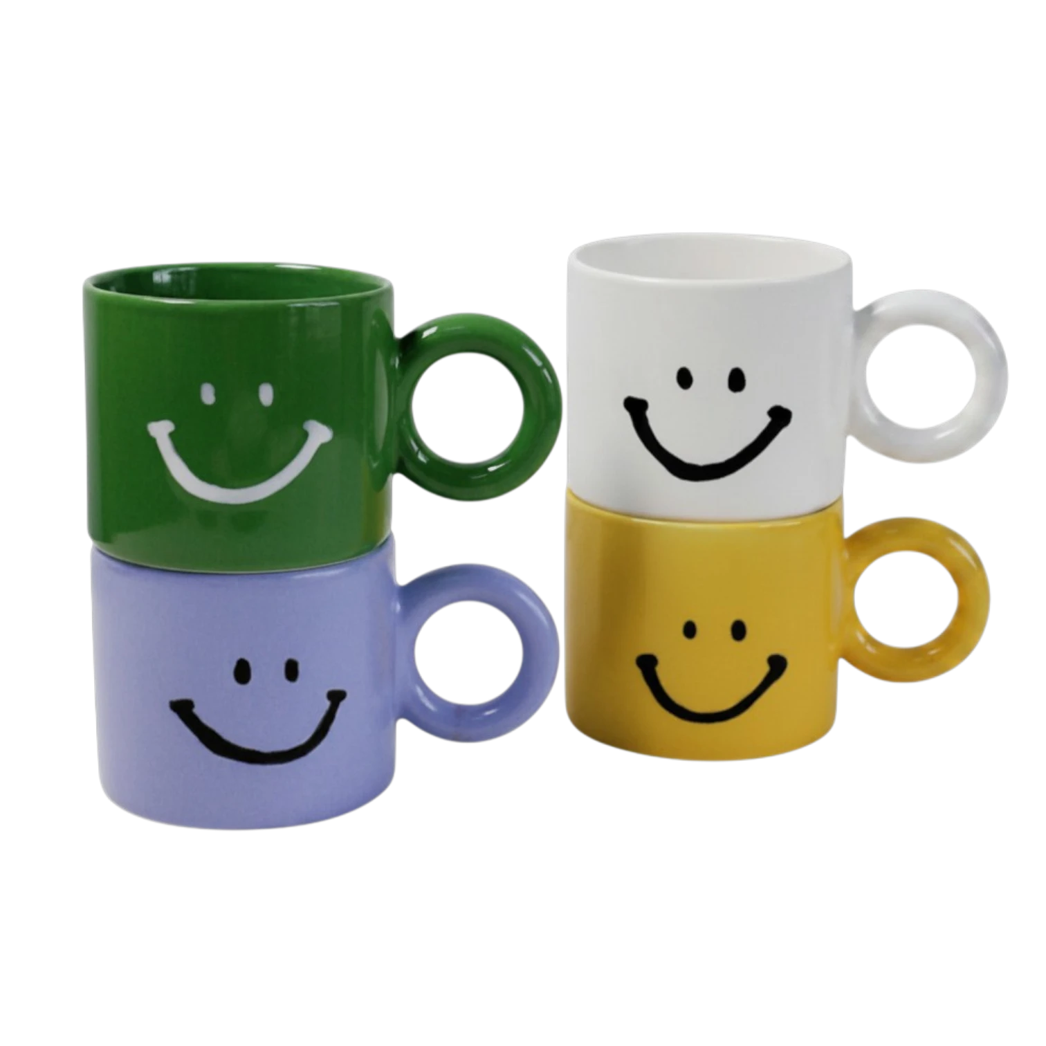 HOMELIVY set of four ceramic mugs in green, white, light blue, and yellow, each featuring a black or white smiley face