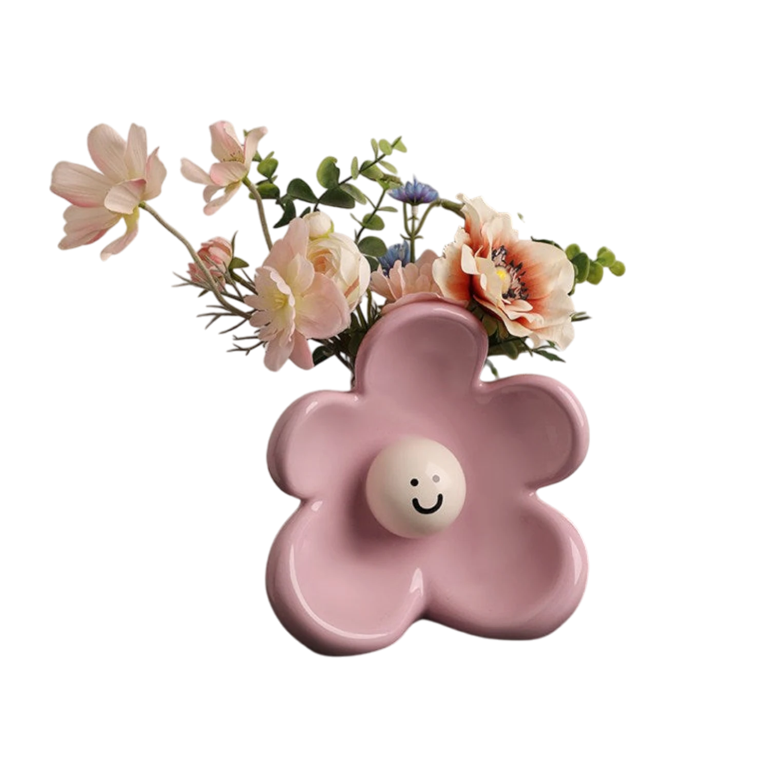 HOMELIVY pink ceramic flower-shaped vase with a cute smiley face center, holding a bouquet of artificial flowers.