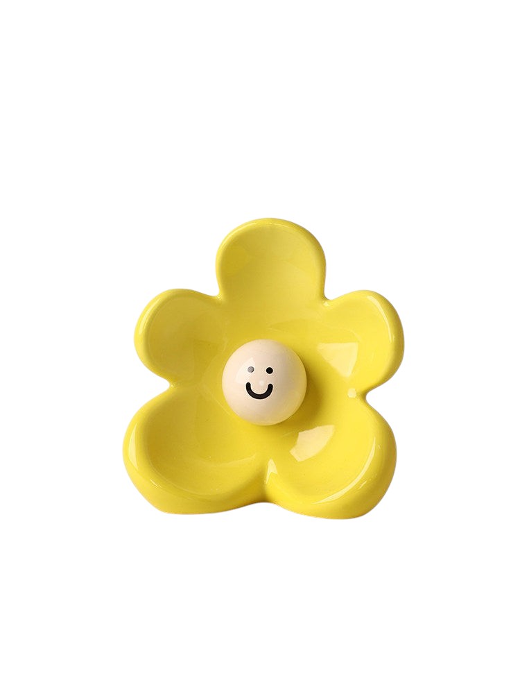 HOMELIVY yellow ceramic flower-shaped vase with a cute smiley face center for home decor