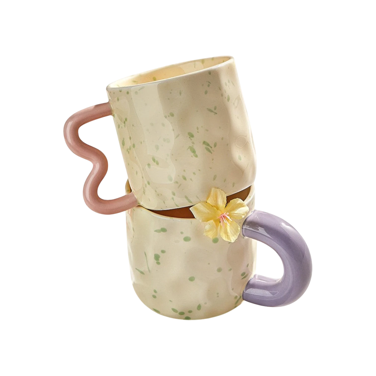HOMELIVY cream speckled ceramic mugs with wavy pink and purple handles stacked on a white surface with flowers.