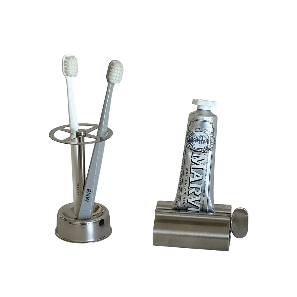 Silver stainless steel toothbrush holder and toothpaste squeezer