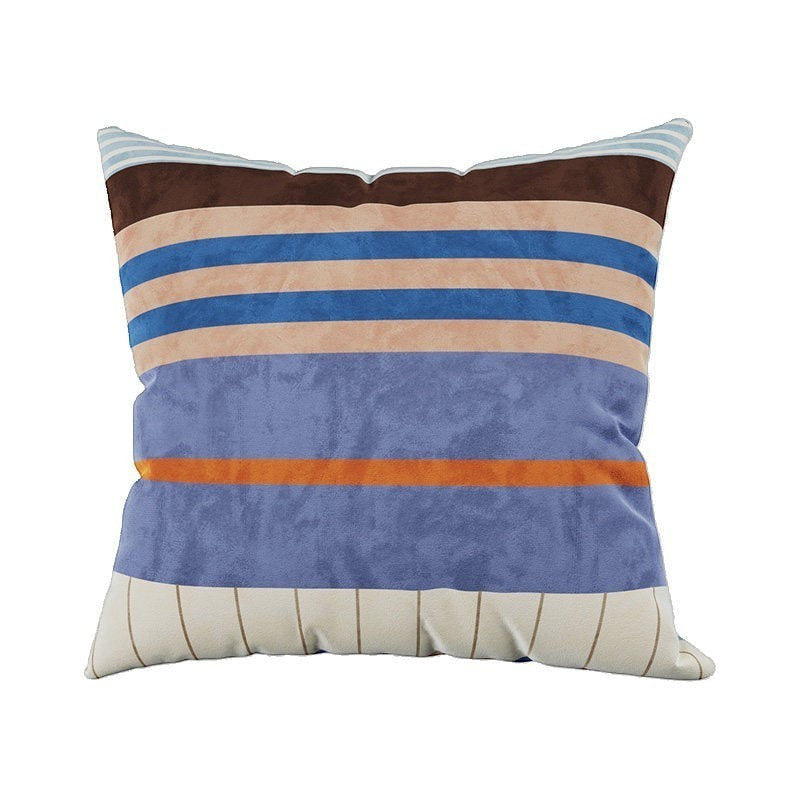 Colour block stripe cushion cover in blue, brown, and cream with a soft velvet-like texture.