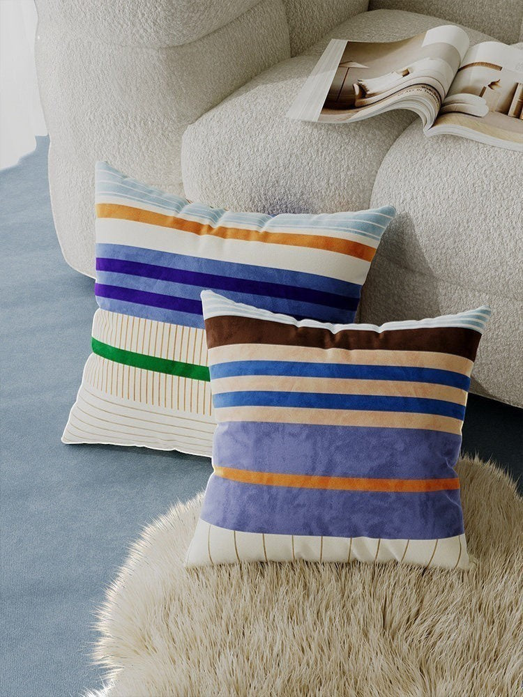 Retro colour block stripe cushion covers in velvet with blue, orange, and green