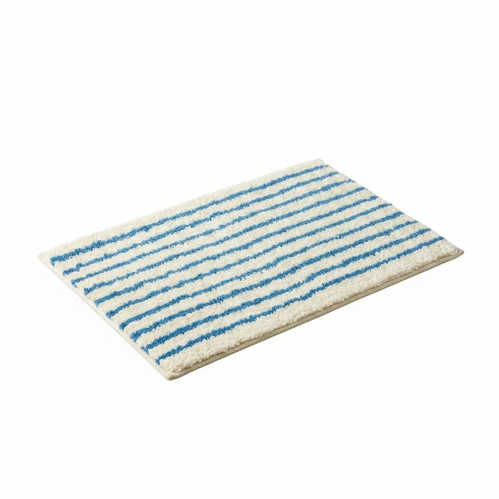 HOMELIVY minimalist striped bath mat rug, white with blue stripes, soft texture, ideal for bathrooms.