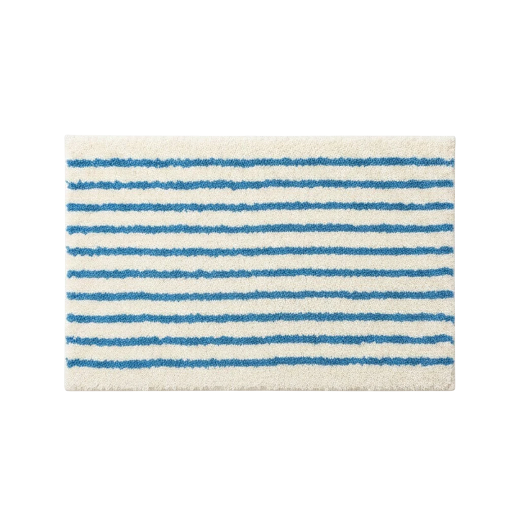 HOMELIVY minimalist striped bath mat rug in white with blue stripes, made of soft absorbent material.