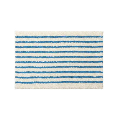 HOMELIVY minimalist striped bath mat rug in white with blue stripes, made of soft absorbent material.