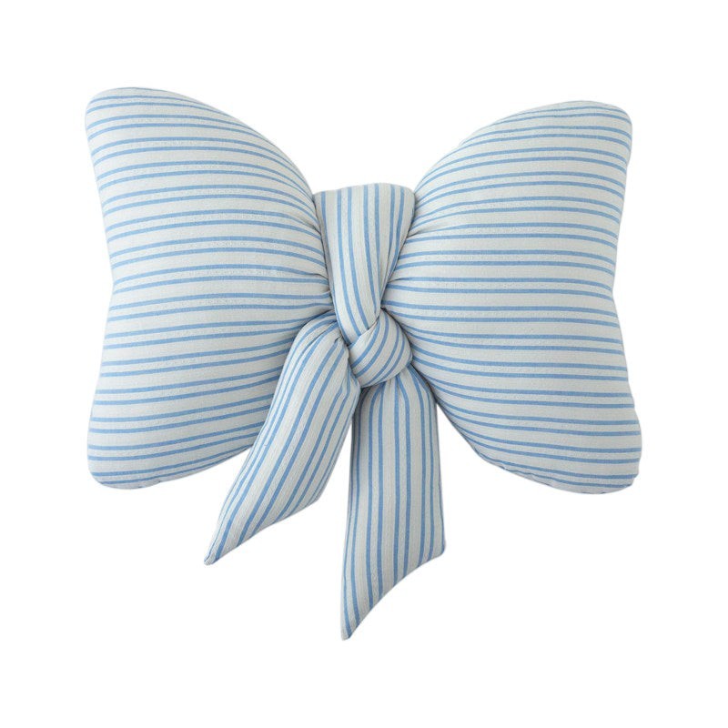 HOMELIVY ribbon bow shaped decorative cushion in white fabric with blue horizontal stripes