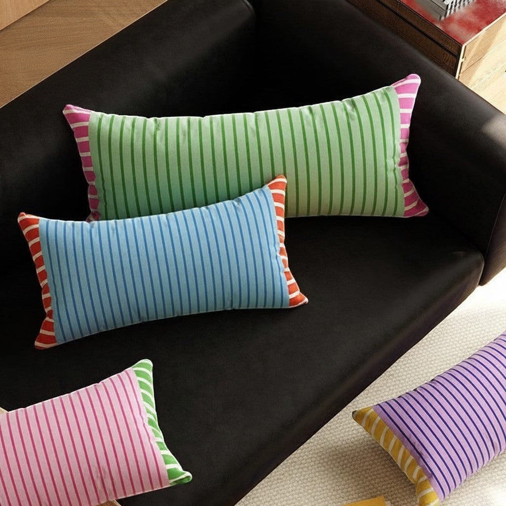 HOMELIVY striped contrast trim throw pillow in blue and red, green and pink, purple and yellow. Retro cushion for sofa or bed.