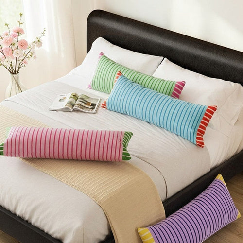 HOMELIVY candy striped throw pillow in pink, blue, green, and purple with contrast trim. Retro design, 30x70cm.