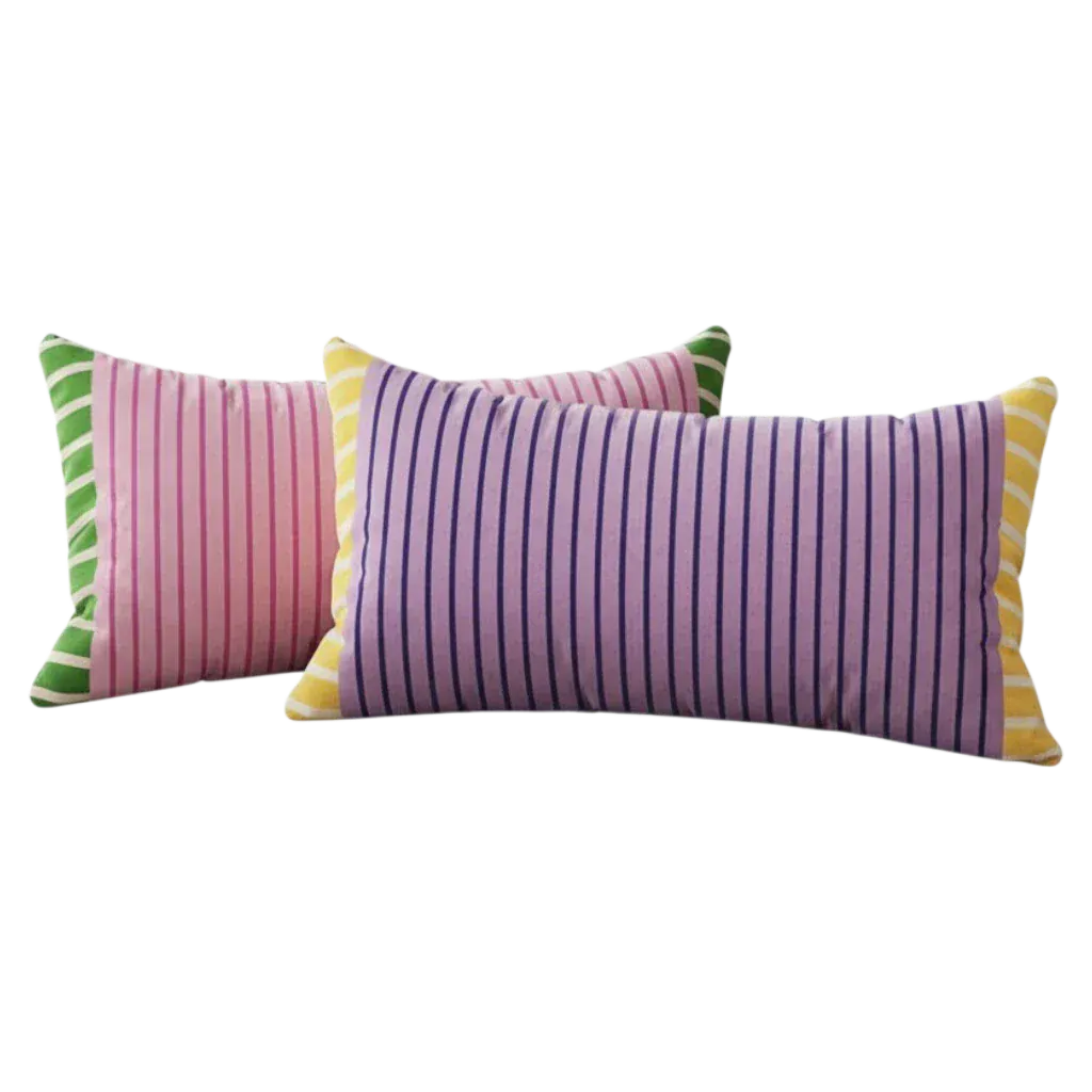 HOMELIVY candy striped throw pillows in pink and purple with contrasting green and yellow trim. Rectangular cushions for sofa or bed.