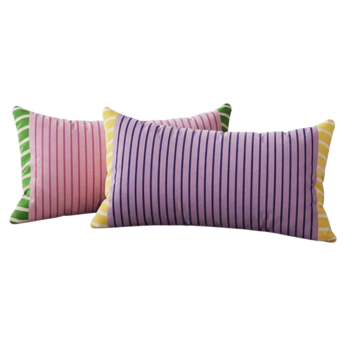 HOMELIVY candy striped throw pillows in pink and purple with contrasting green and yellow trim. Rectangular cushions for sofa or bed.