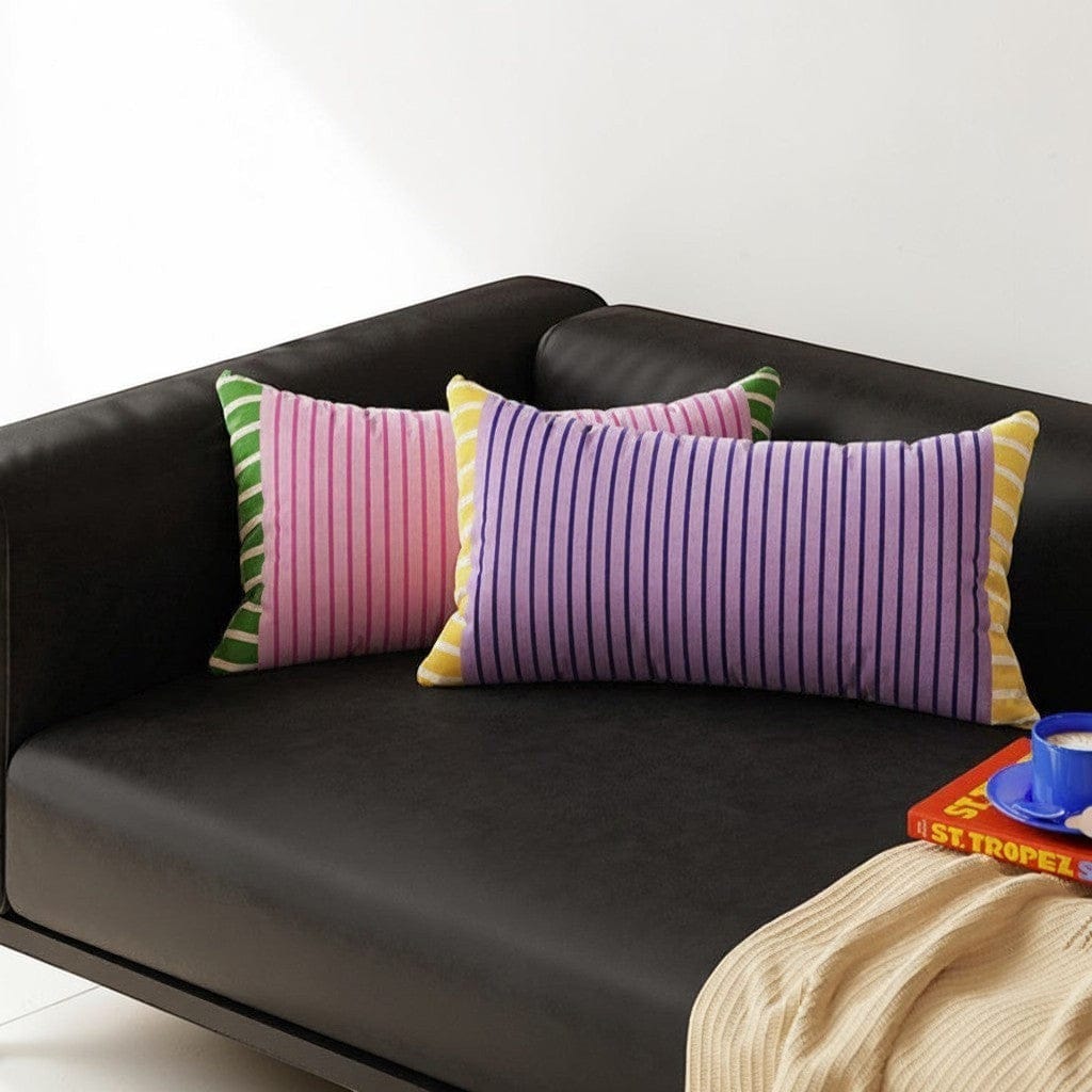 HOMELIVY candy striped throw pillow in pink and purple with contrast trim in green and yellow. Retro design, 30x70cm.