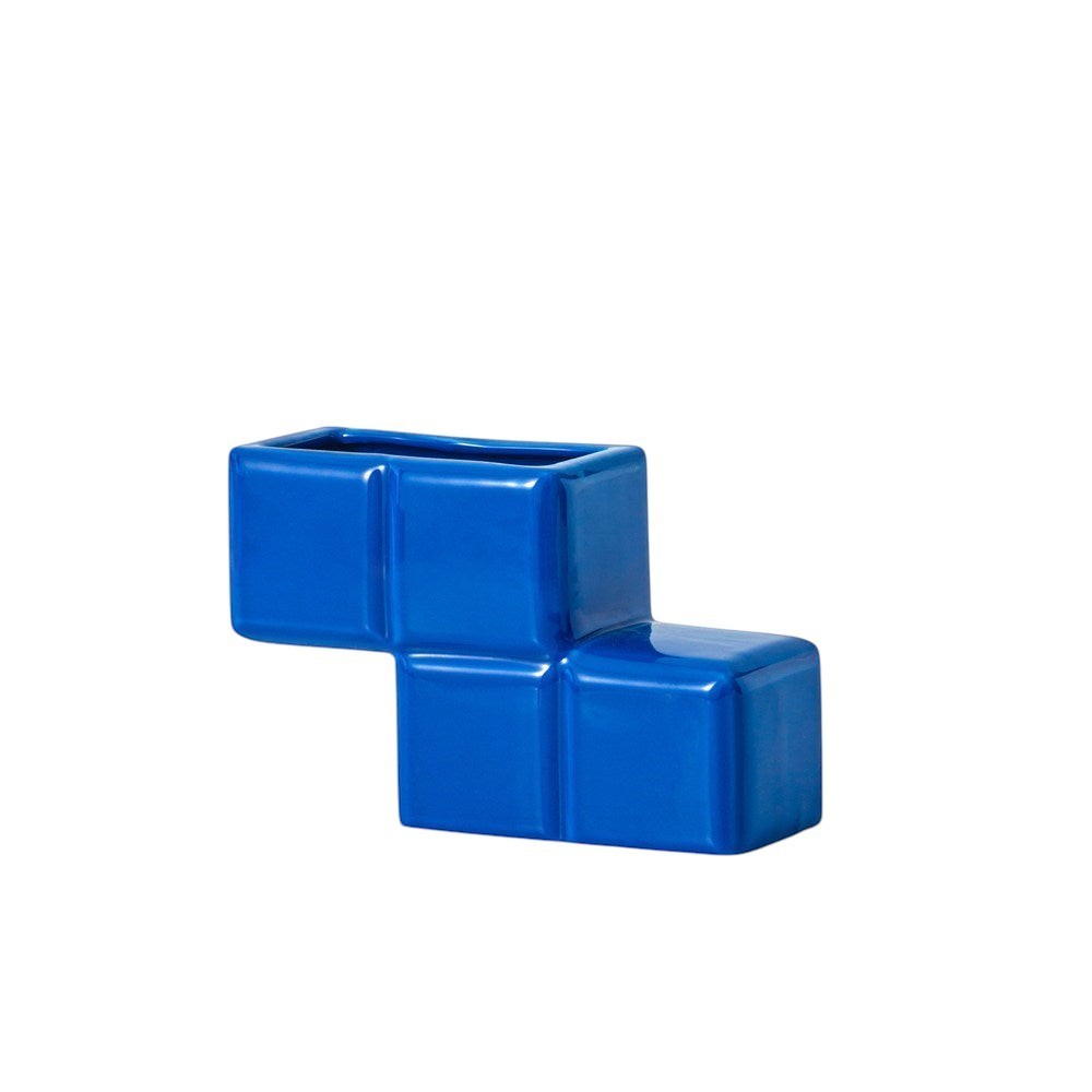 HOMELIVY blue ceramic Tetris-inspired decorative vase with a glossy finish for home decor or desk organization.