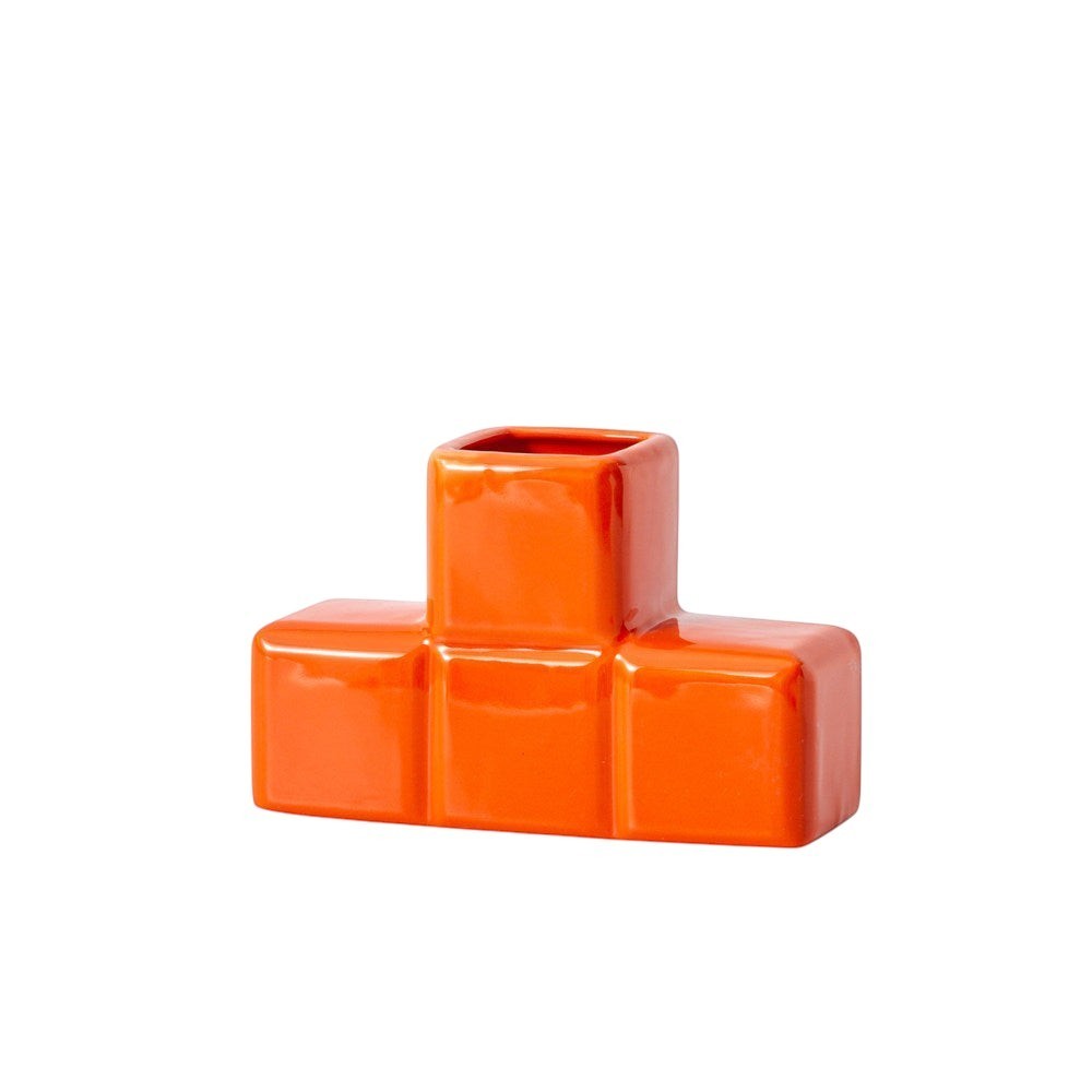 HOMELIVY orange ceramic Tetris-shaped decorative vase with a glossy finish for modern home decor.