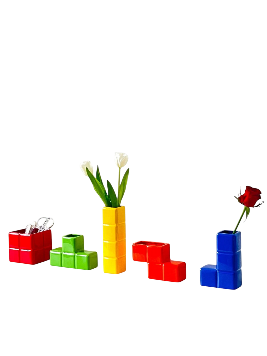 HOMELIVY Tetris decorative ceramic vases in vibrant primary colors with a glossy finish for flowers or desk storage.